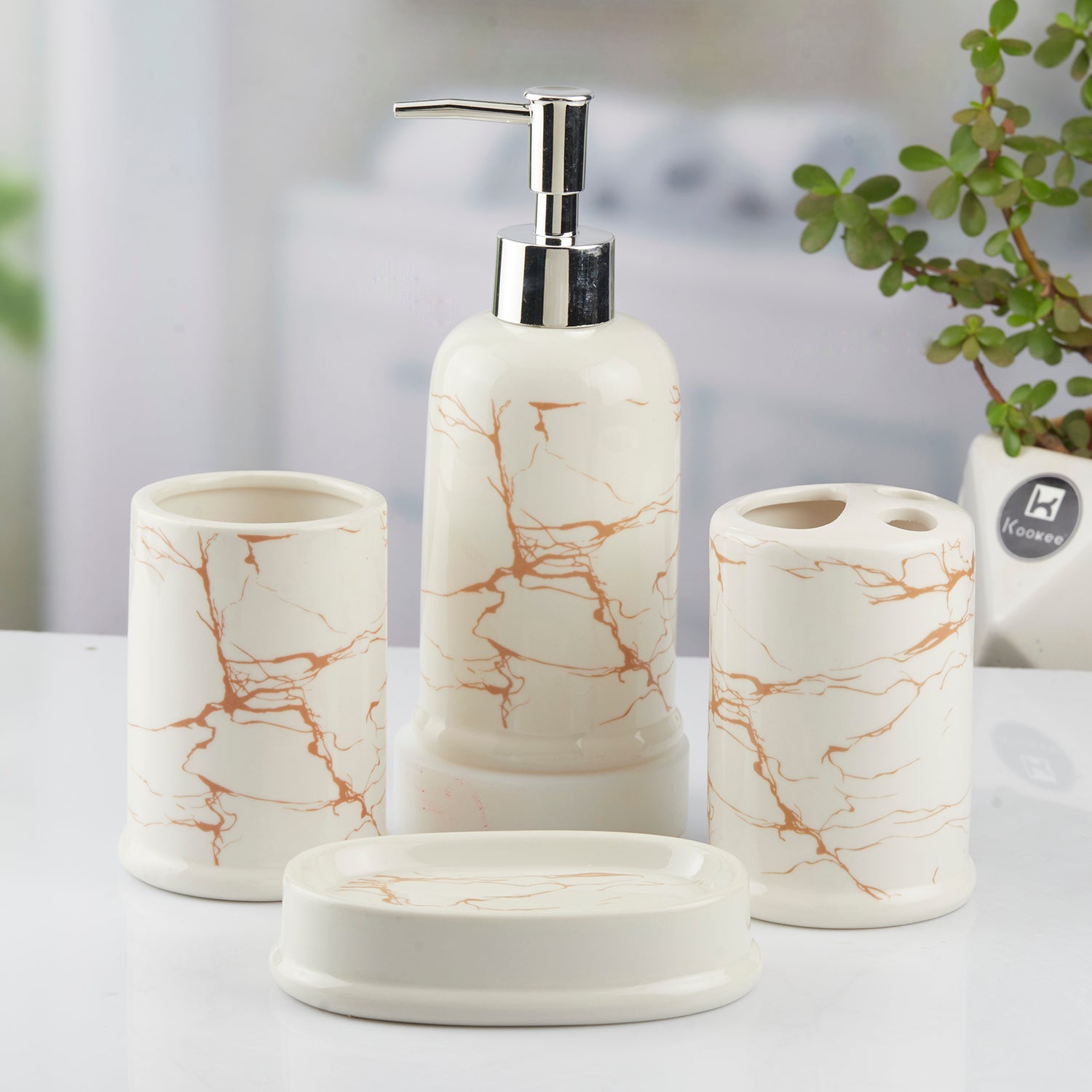 Ceramic Bathroom Set of 4 with Soap Dispenser (10392)