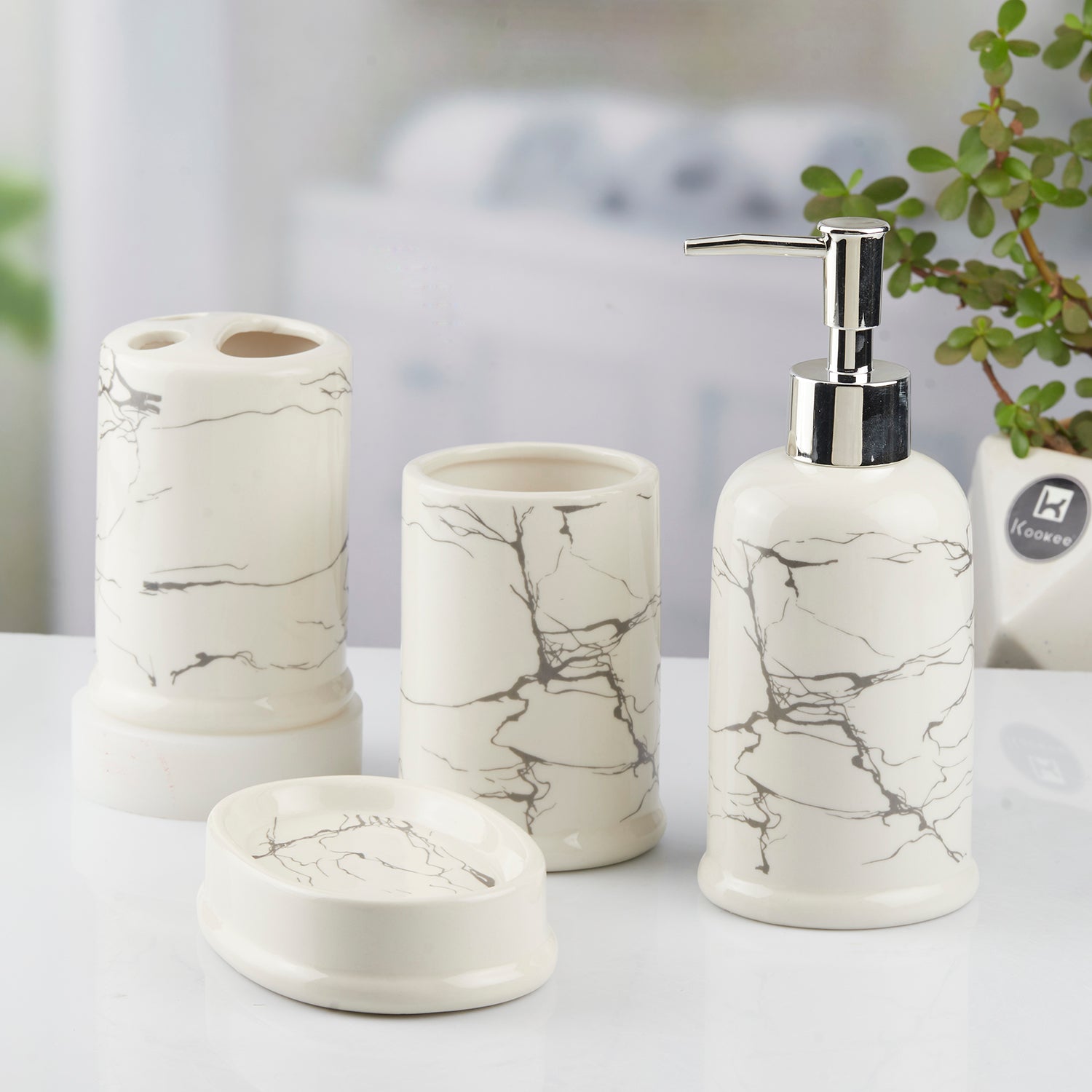 Ceramic Bathroom Set of 4 with Soap Dispenser (10393)
