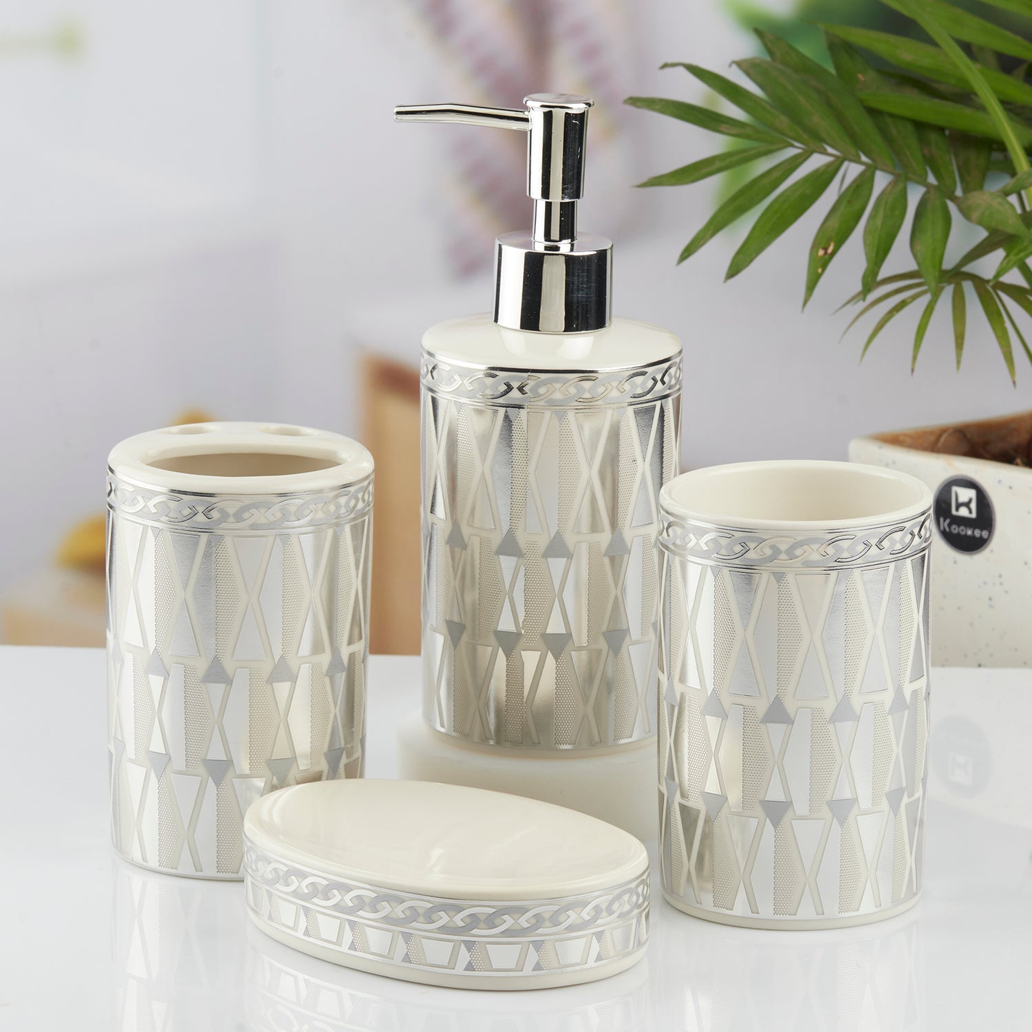 Ceramic Bathroom Set of 4 with Soap Dispenser (10395)