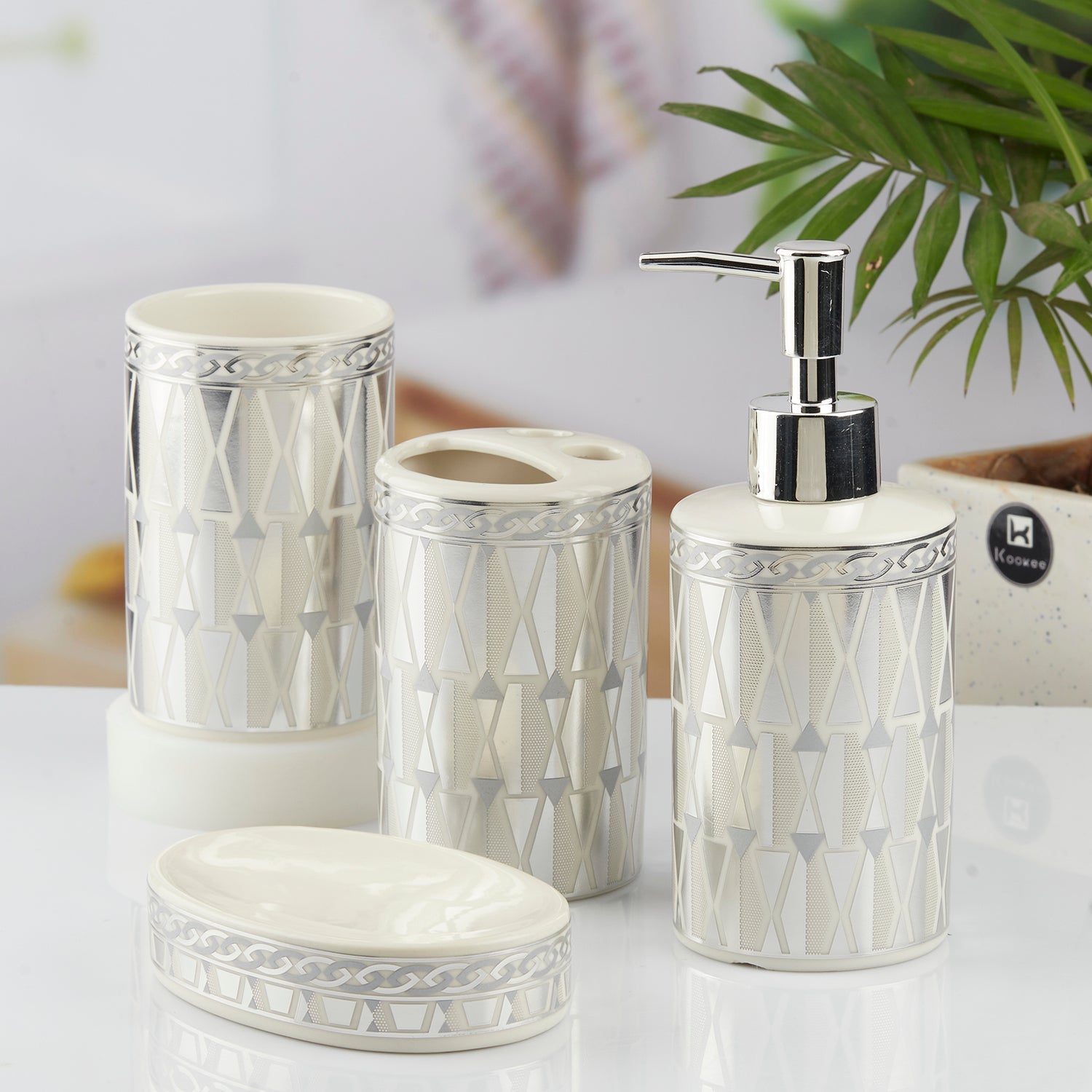 Ceramic Bathroom Set of 4 with Soap Dispenser (10395)