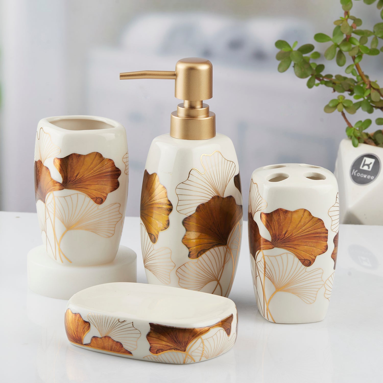 Ceramic Bathroom Set of 4 with Soap Dispenser (10397)