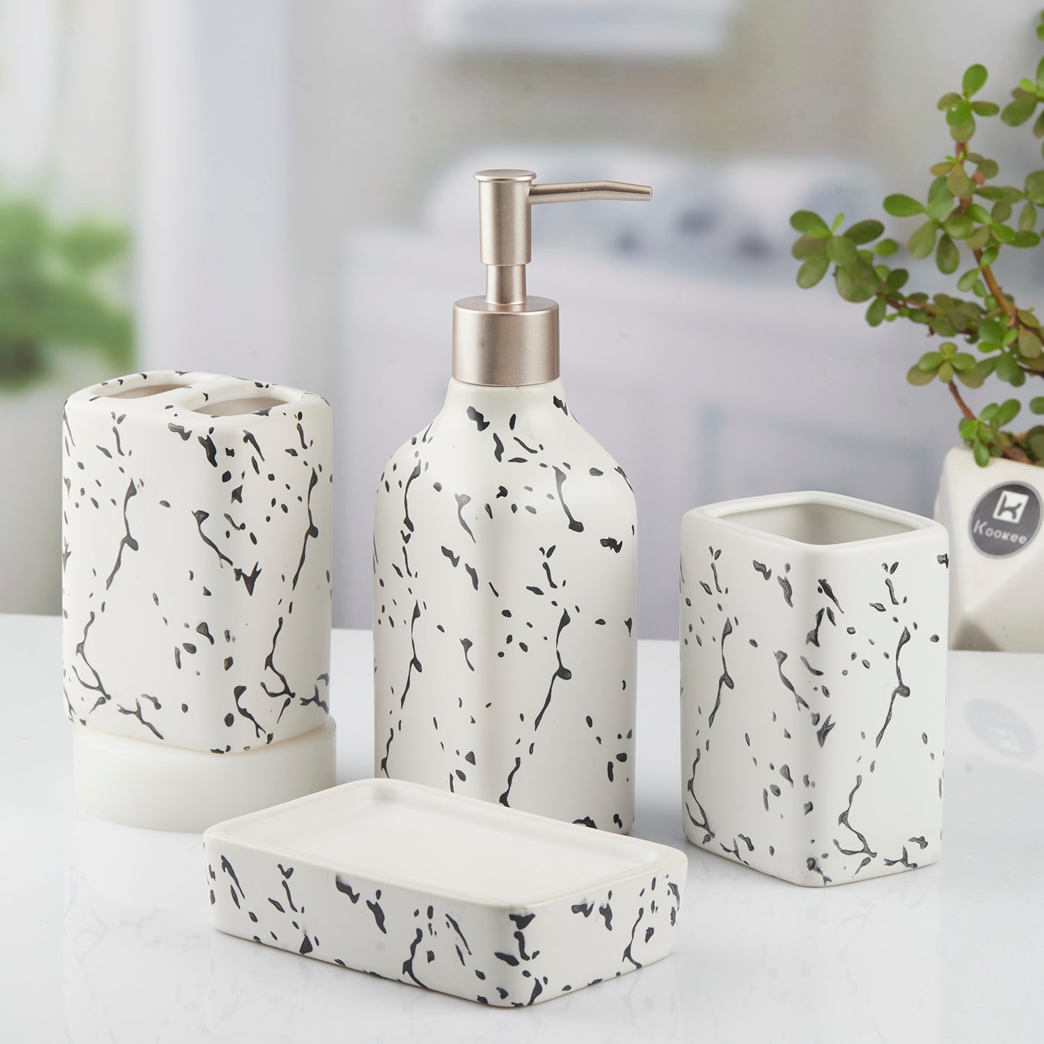 Ceramic Bathroom Set of 4 with Soap Dispenser (10445)