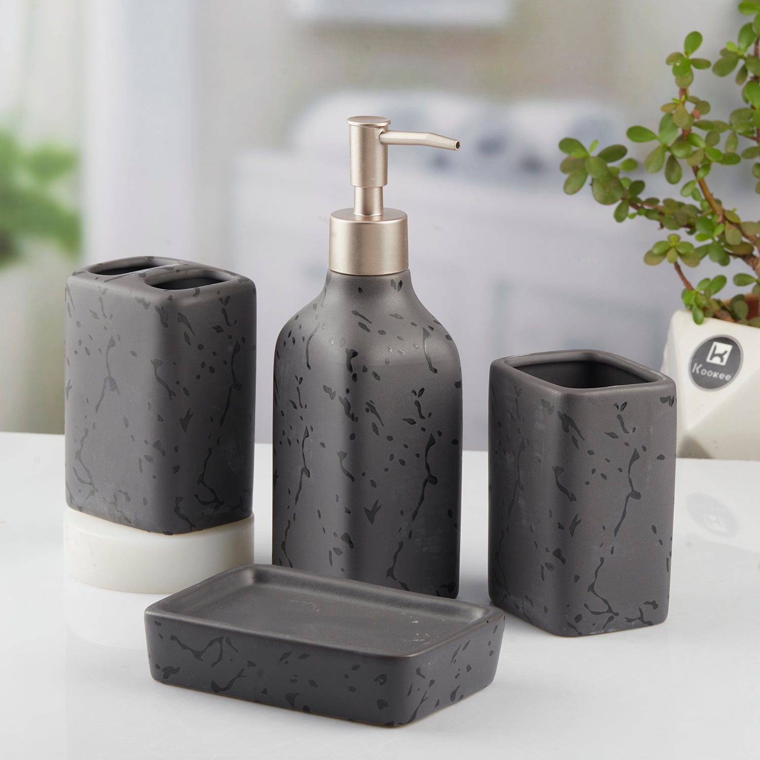 Ceramic Bathroom Set of 4 with Soap Dispenser (10446)