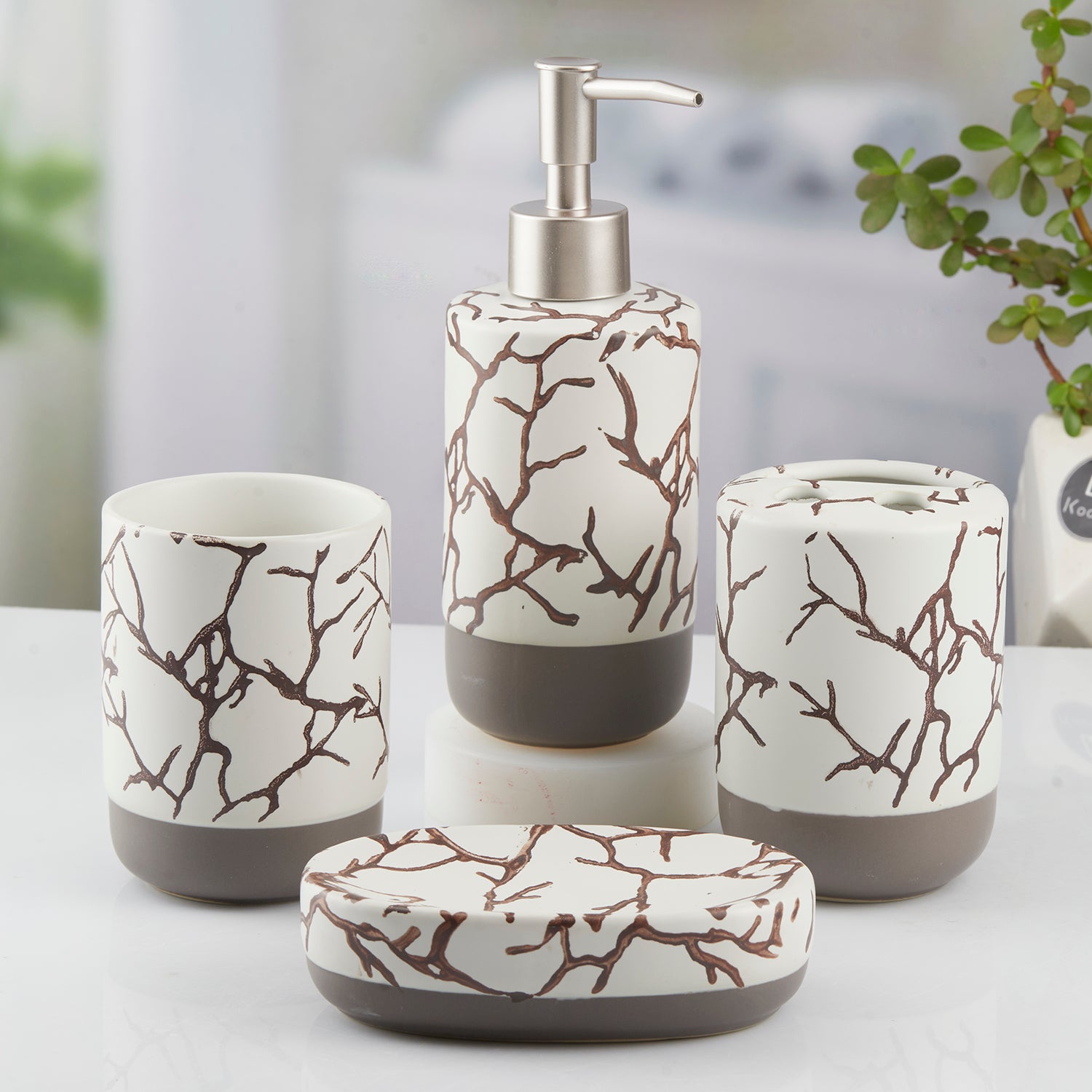 Ceramic Bathroom Set of 4 with Soap Dispenser (10465)
