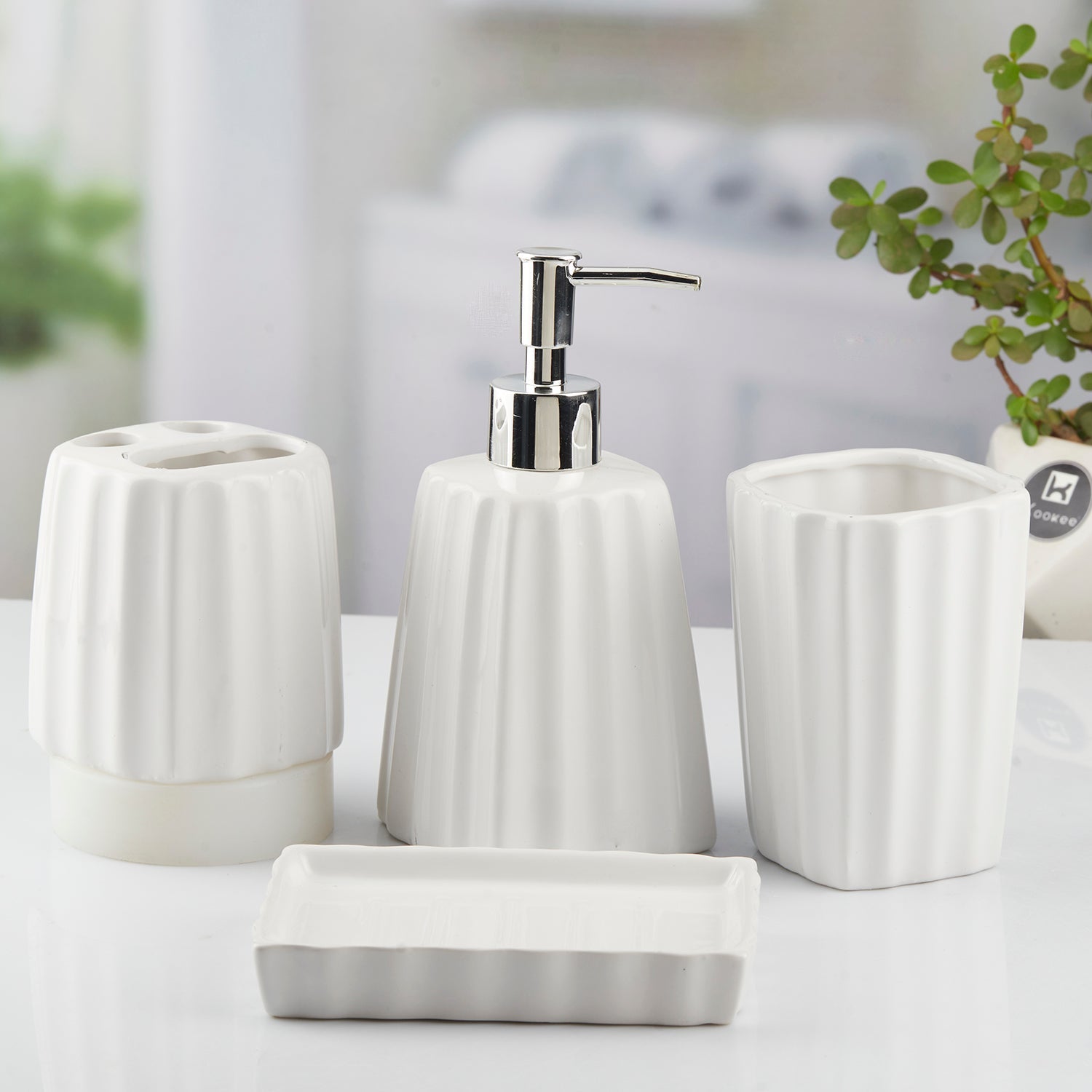 Ceramic Bathroom Set of 4 with Soap Dispenser (10468)