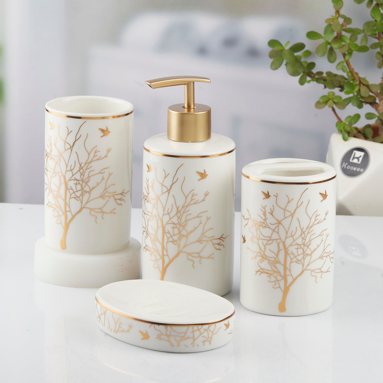 Ceramic Bathroom Set of 4 with Soap Dispenser (10474)