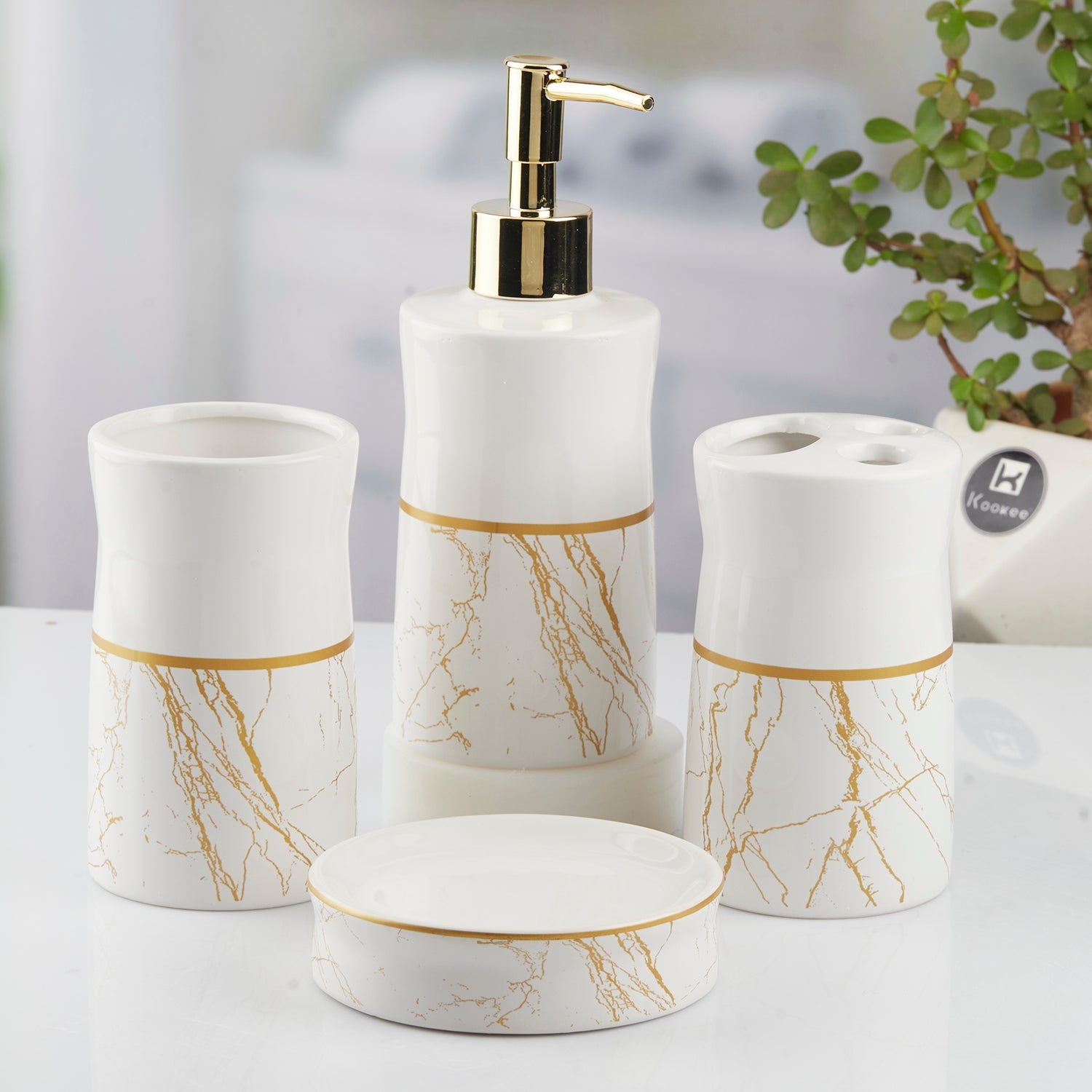Ceramic Bathroom Set of 4 with Soap Dispenser (10476)