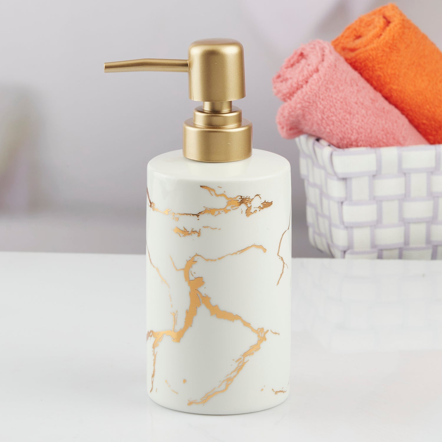 Ceramic Soap Dispenser liquid handwash pump for Bathroom, Set of 1, White/Gold (10592)