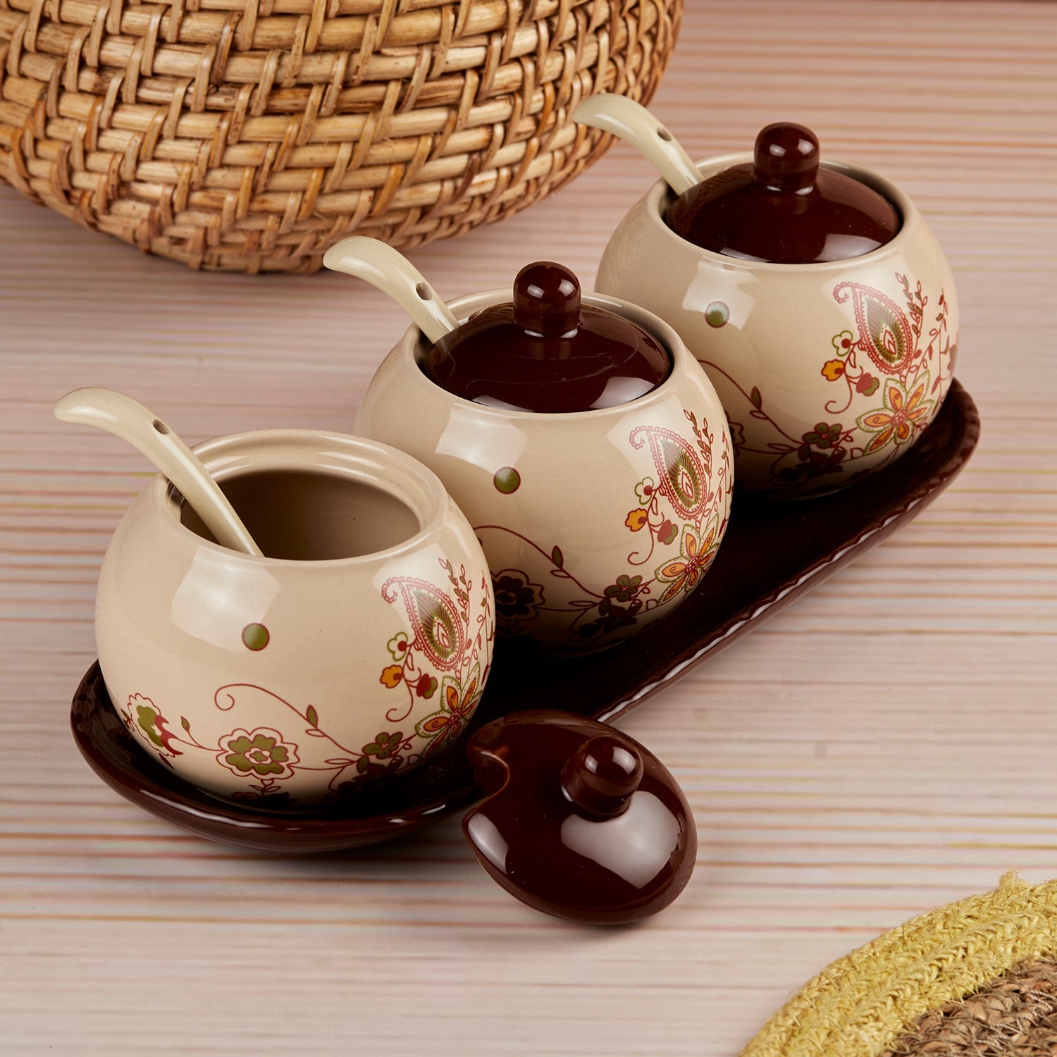 Ceramic Condiment Jars and Containers Set of 3 with Tray and Spoon for Kitchen (10679)