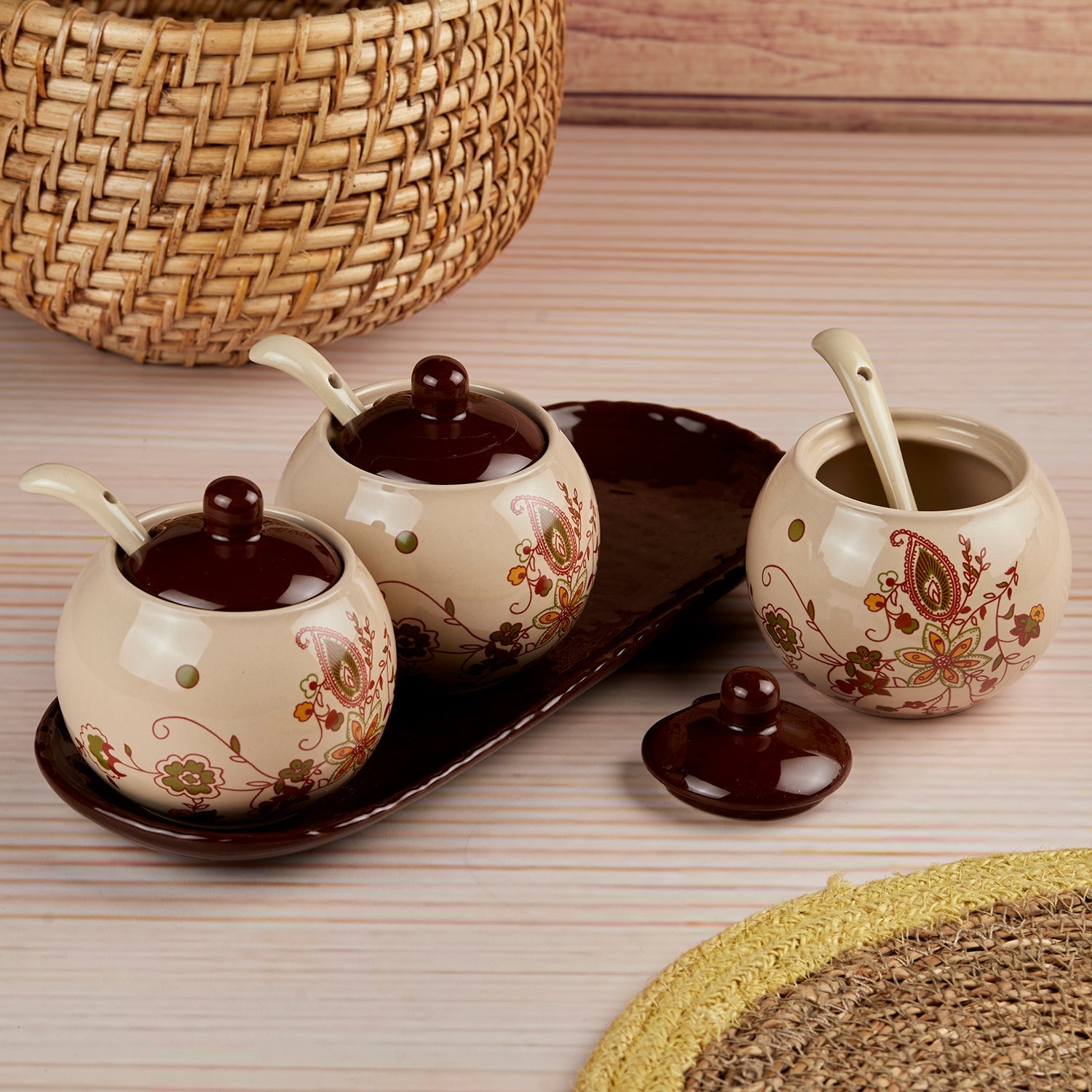 Ceramic Condiment Jars and Containers Set of 3 with Tray and Spoon for Kitchen (10679)