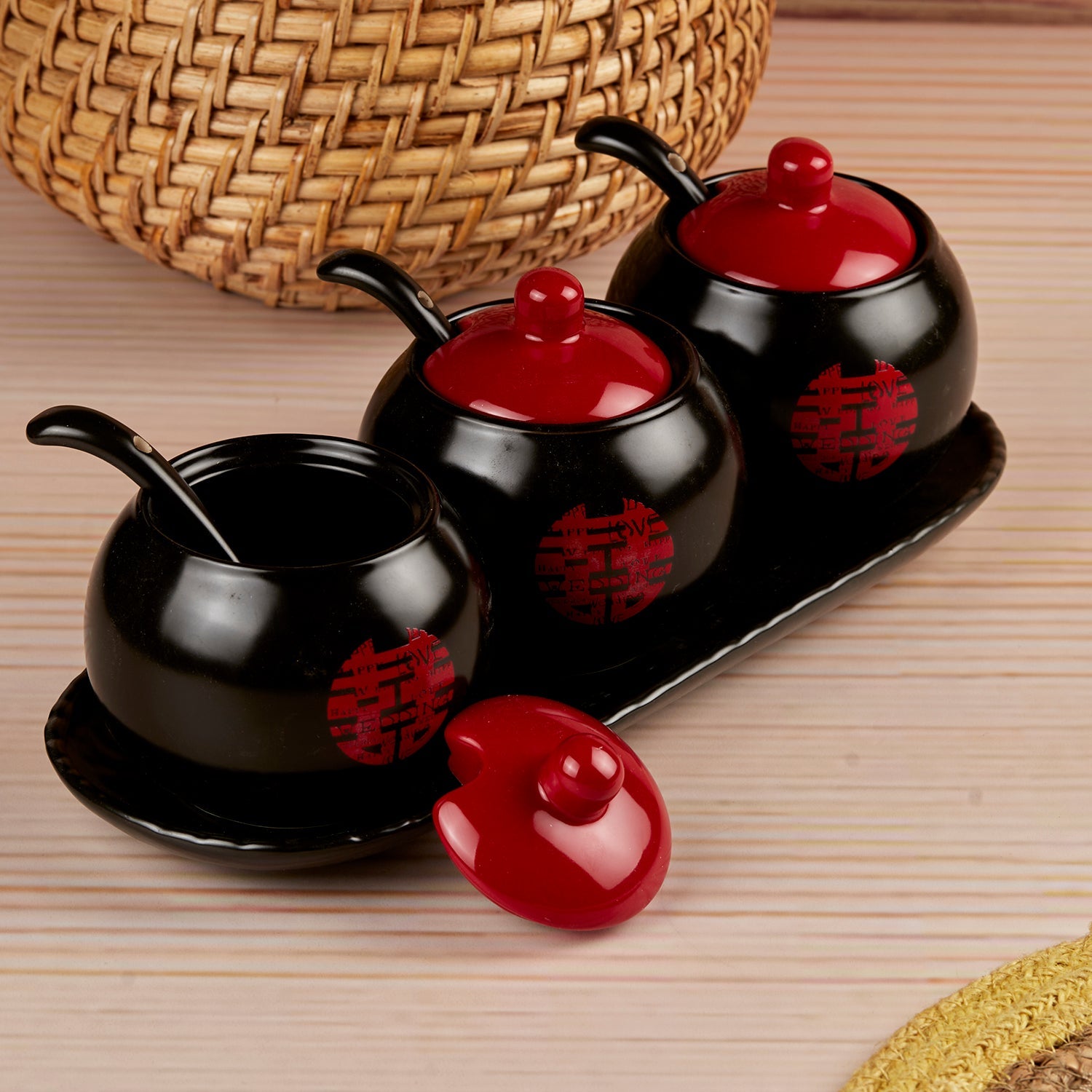 Ceramic Condiment Jars and Containers Set of 3 with Tray and Spoon for Kitchen (10680)