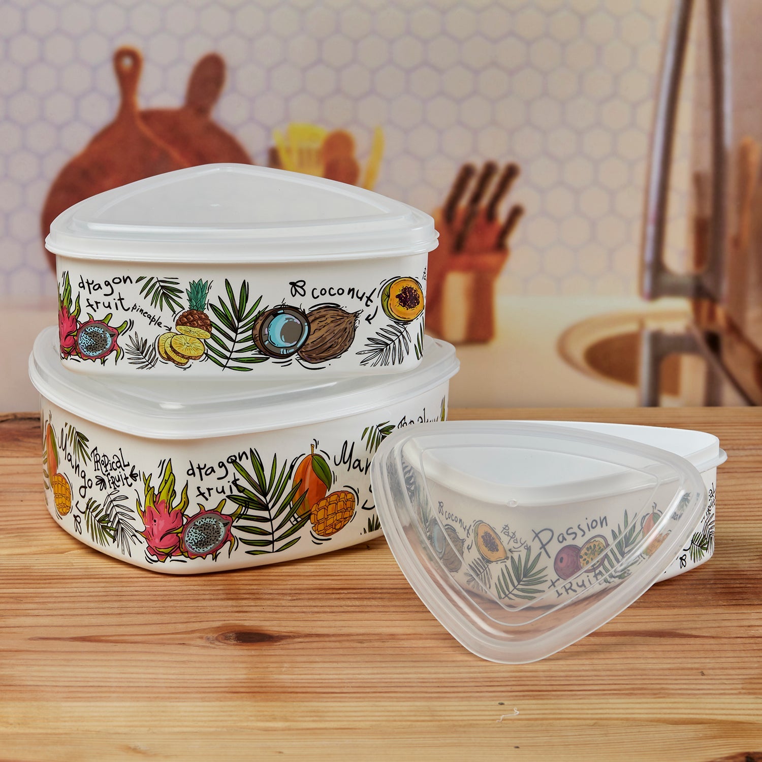 Plastic Airtight Food Storage Container with Lid, Set of 3, Triangle (10696)
