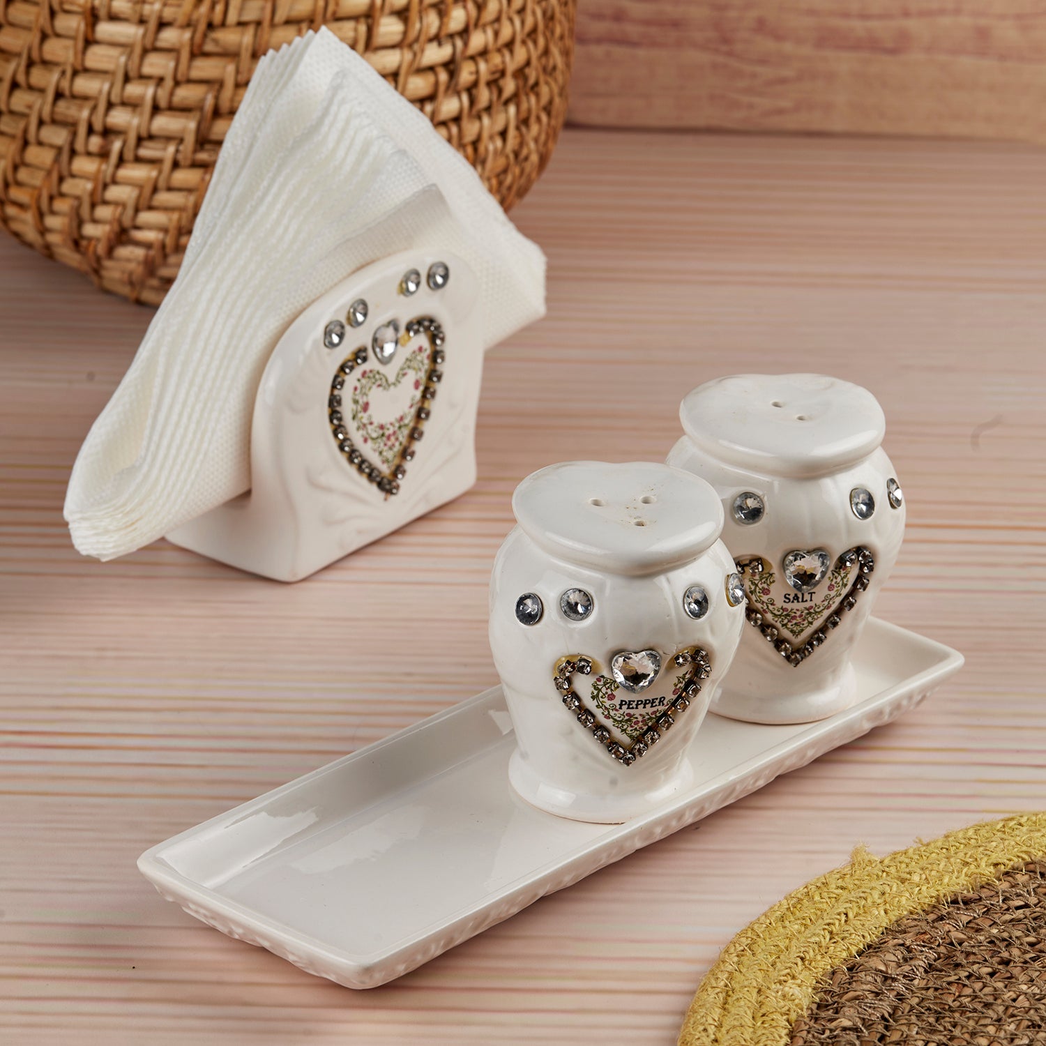 Ceramic Salt and Pepper Shakers Set with tray for Dining Table (10710)