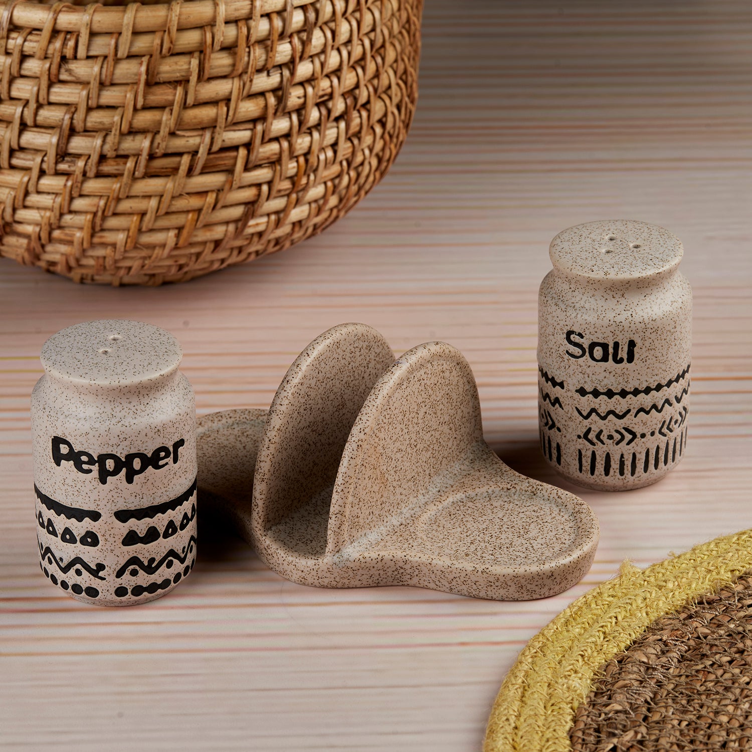 Ceramic Salt and Pepper Shakers Set with tray for Dining Table (10712)